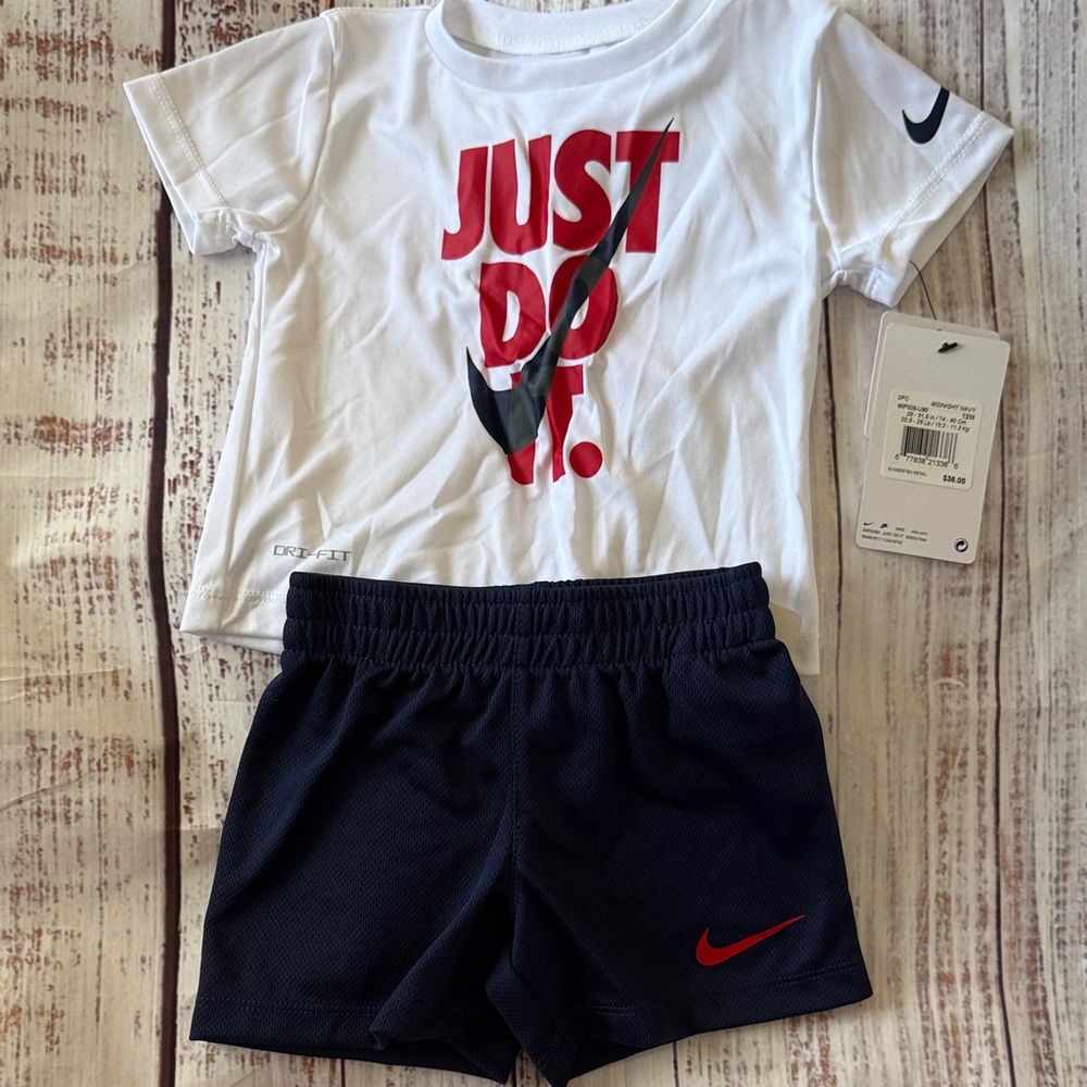 Nike White Tee and Navy Shorts Set with Red Graphic